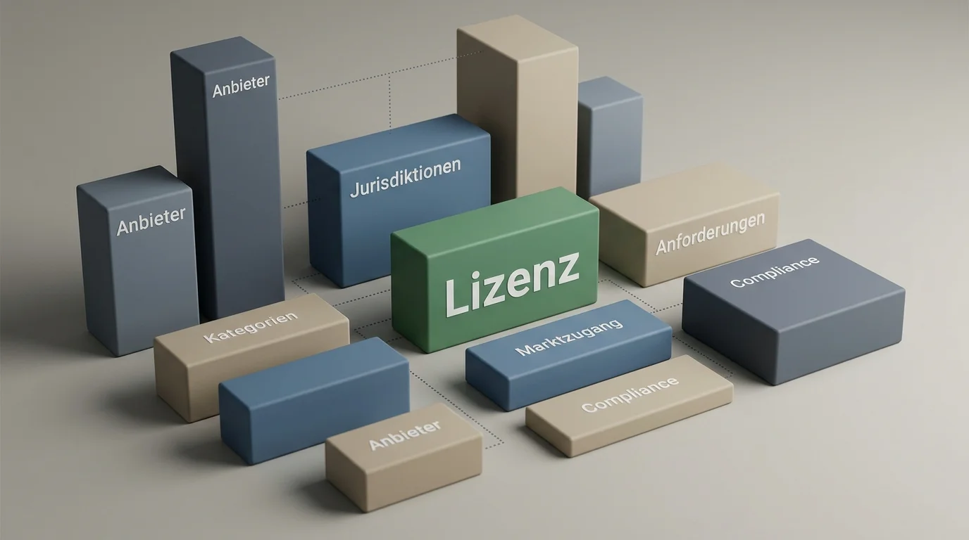 Schematische Darstellung verschiedener Lizenzjurisdiktionen als geometrische Blöcke unterschiedlicher Größe in einer abstrakten Karte