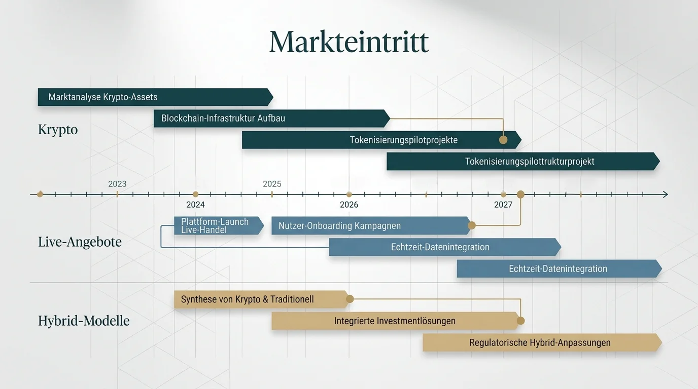 Schematische Darstellung verschiedener Anbieterspezialisierungen und Markteintrittsjahre als horizontale Balken auf einer abstrakten Zeitachse