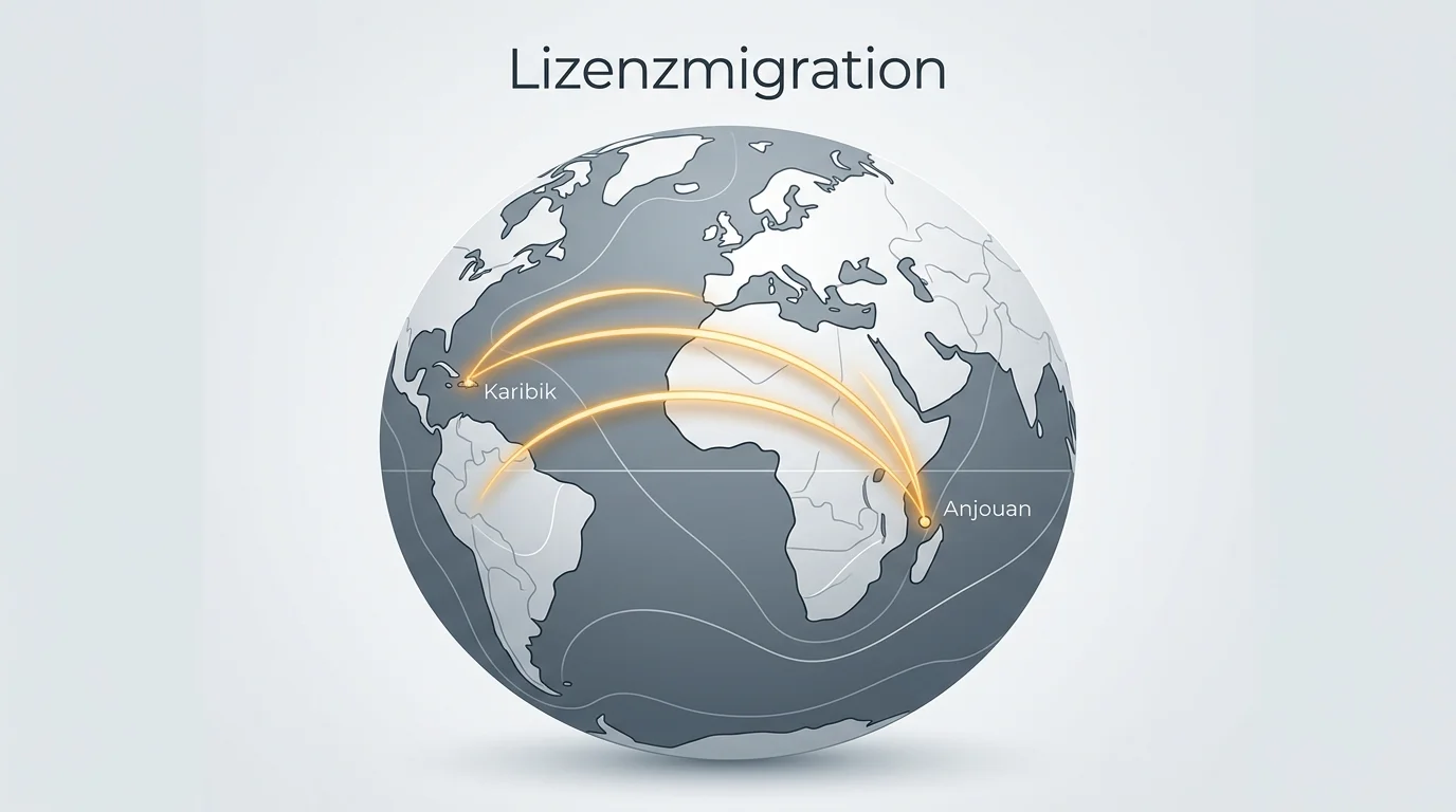 Stilisierter Globus mit Pfeilen vom karibischen Raum zur ostafrikanischen Inselregion als Symbol für die Migration von Lizenzanträgen nach Anjouan