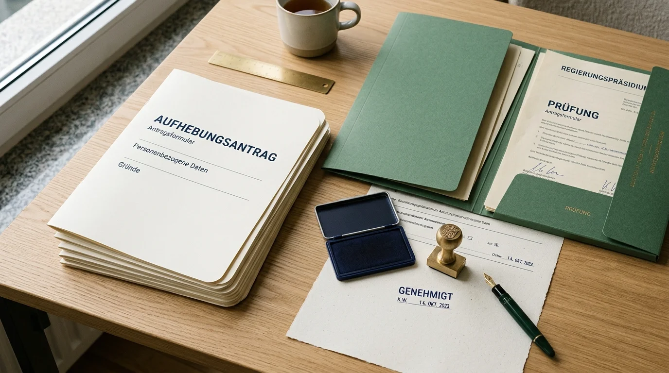 Aktenstapel und Stempel als Sinnbild für die Prüfung eines OASIS-Aufhebungsantrags