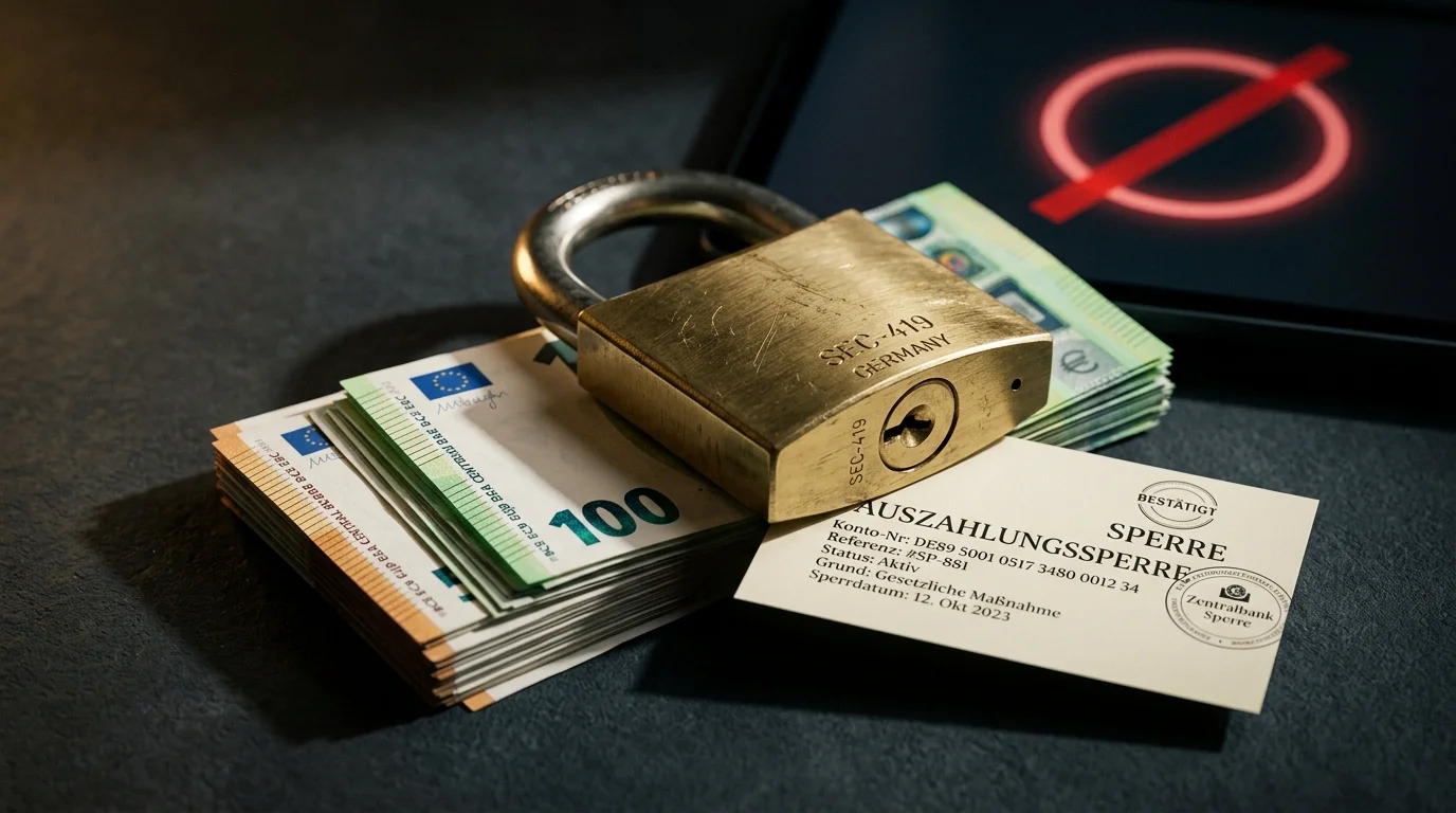 Symbolbild Vorhängeschloss auf Geldschein mit Hinweisetiketten zu KYC-Prüfung und Auszahlungssperre