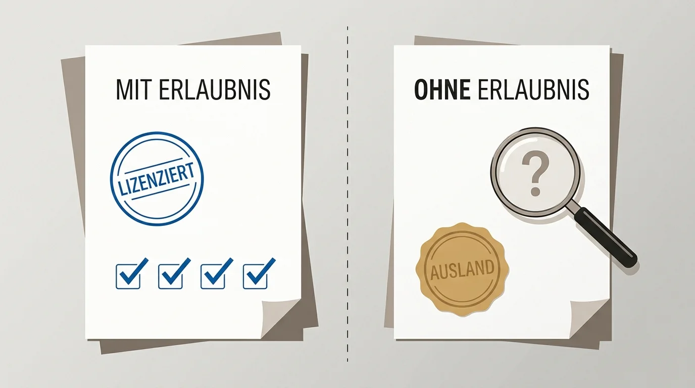 Vergleichende Illustration einer GGL-Whitelist-Eintragung und eines ausländischen Lizenzsiegels mit Prüfhinweis