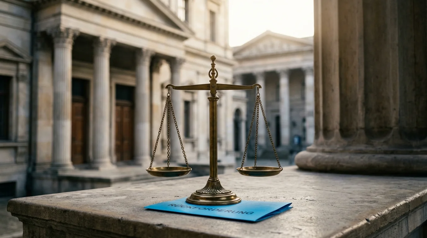 Symbolische Justizwaage vor Gerichtsgebäude mit Aktenzeichen-Etiketten zu BGH und EuGH Verfahren