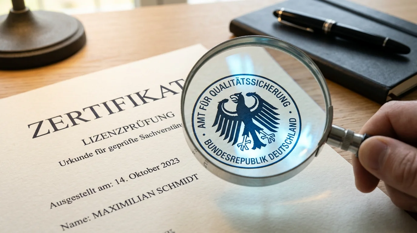 Lupe über einem unklaren Lizenzsiegel auf einer Website