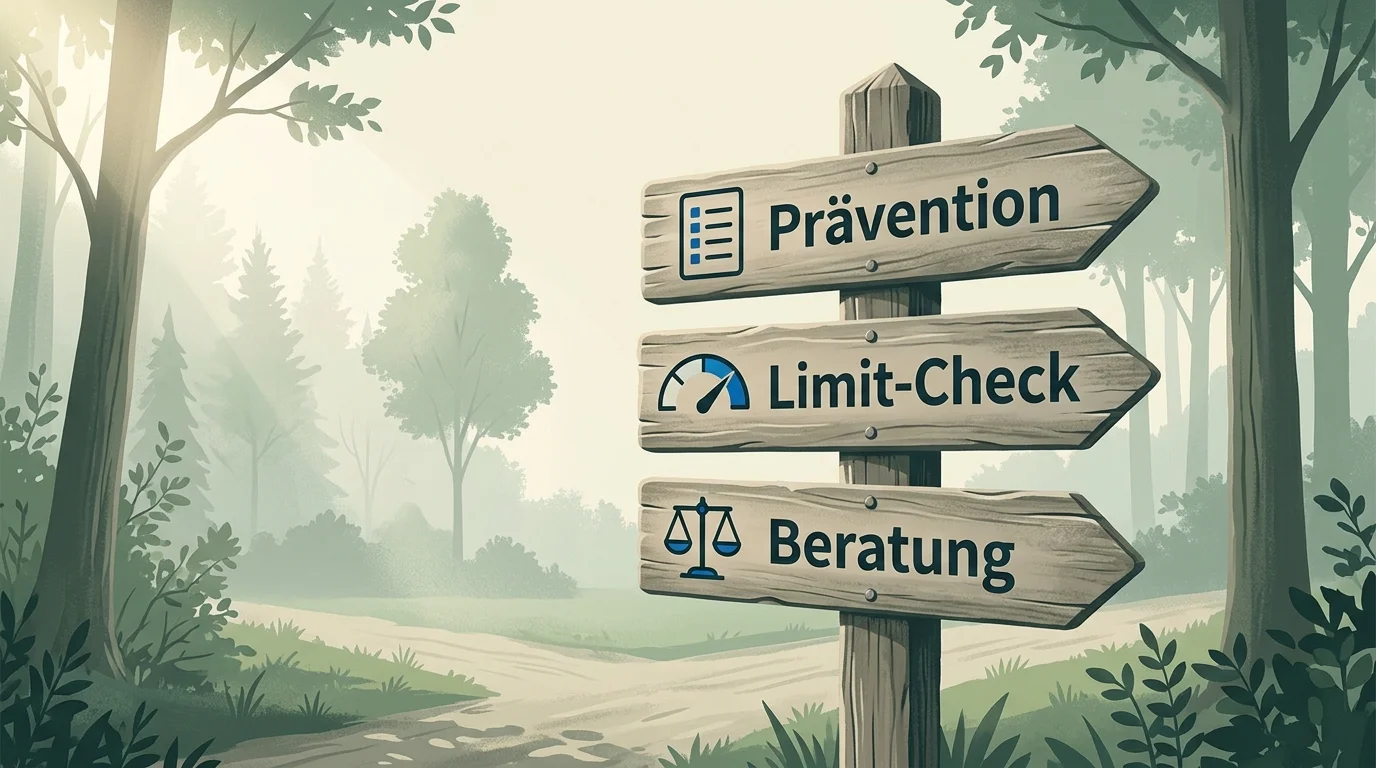 Wegweiser-Illustration mit Handlungsoptionen Whitelist-Prüfung, Limit-Erhöhung und Rückforderungsberatung