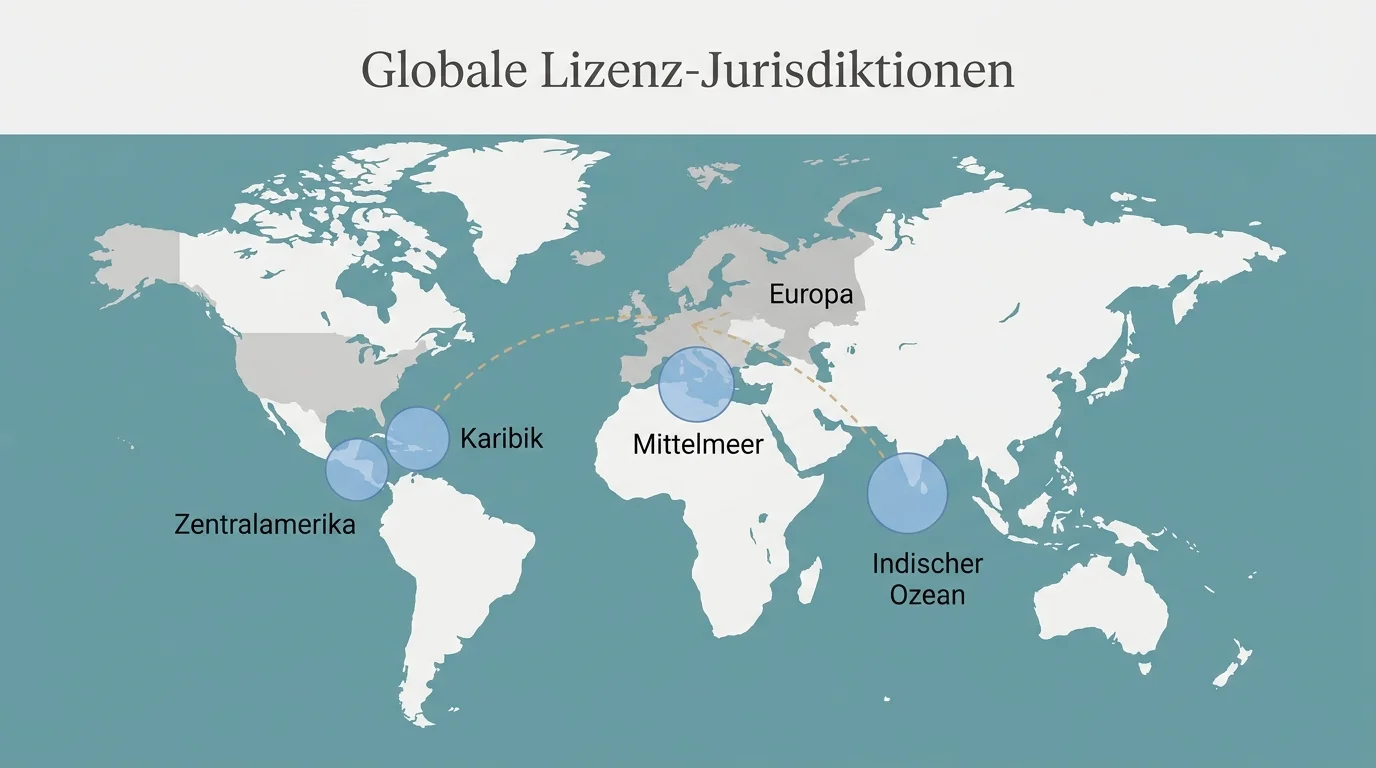 Schematische Weltkarte mit hervorgehobenen Glücksspiel-Lizenzjurisdiktionen Curaçao, Malta, Anjouan und Costa Rica