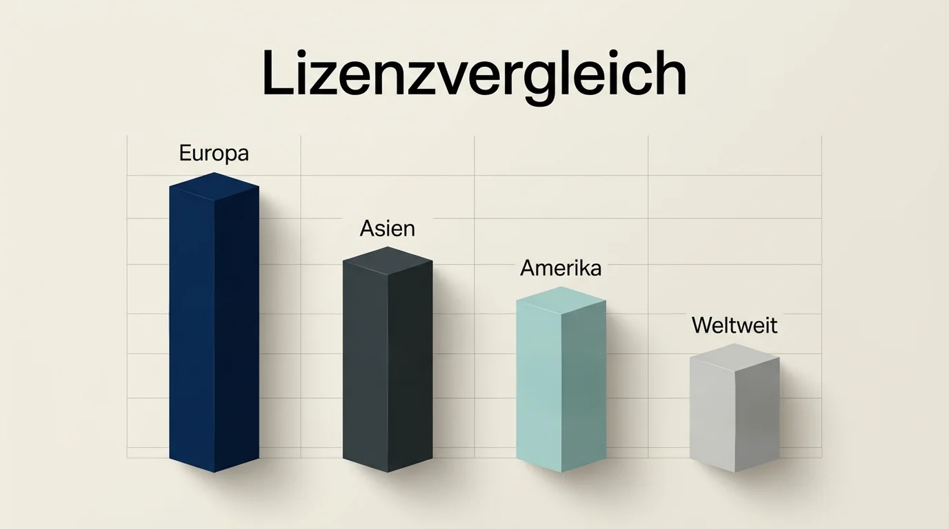 Abstrakte Matrix-Visualisierung von vier Säulen für vier Lizenzregime mit unterschiedlicher Höhe als Symbol für unterschiedliche regulatorische Tiefe