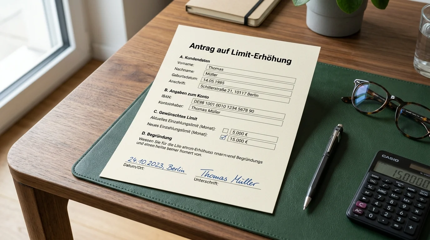Antragsformular und Taschenrechner symbolisieren die Beantragung einer Limit-Erhöhung
