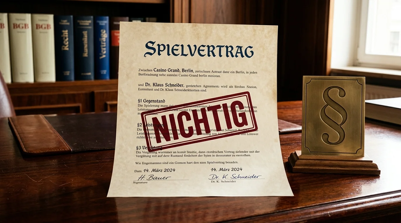 Symbolisches Bild eines durchgestrichenen Spielvertrags mit einem Paragraphenstempel als Hinweis auf die Nichtigkeit nach § 134 BGB