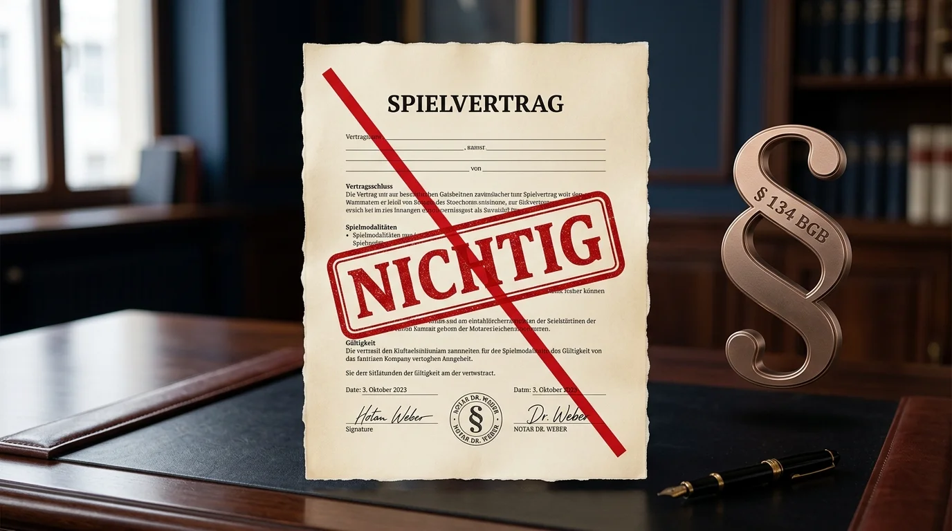 Symbolische Darstellung eines durchgestrichenen Vertragsdokuments mit Paragraphensymbol als Visualisierung der Nichtigkeit nach Paragraph 134 BGB