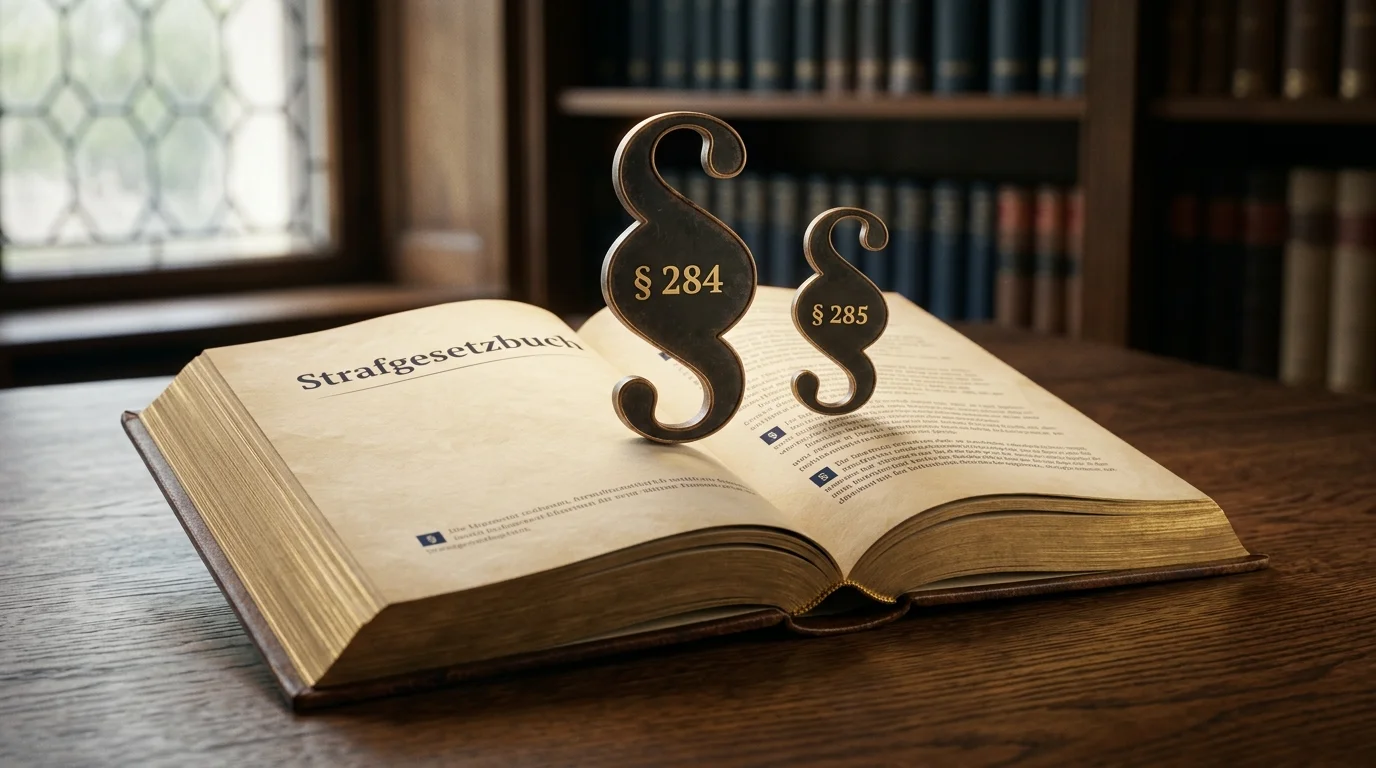 Stilisierte Doppelseite mit den Paragraphensymbolen 284 und 285 als Sinnbild für die strafrechtliche Zweiteilung von Anbieter- und Spielerverantwortung