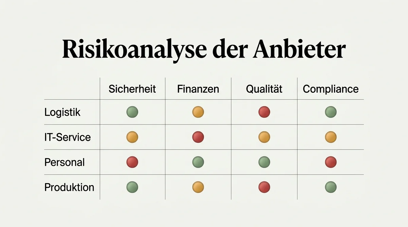 Visualisierung typischer Risikomarker als Ampelsymbole in mehreren Reihen für unterschiedliche Anbieterkategorien