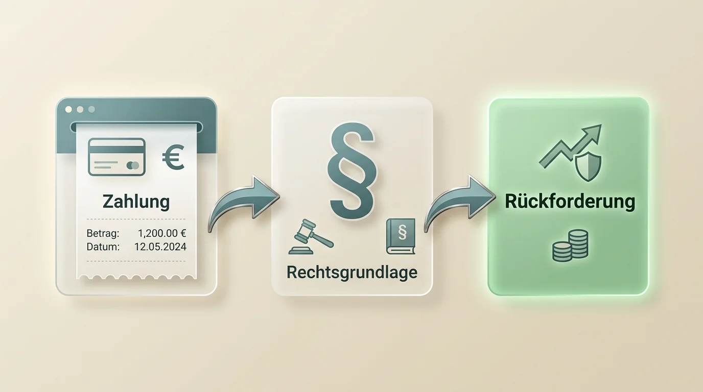 Schematisches Flussdiagramm der Rückforderungsschritte mit Pfeilen vom verlorenen Einsatz über Paragraph 812 BGB zur Auszahlungsforderung