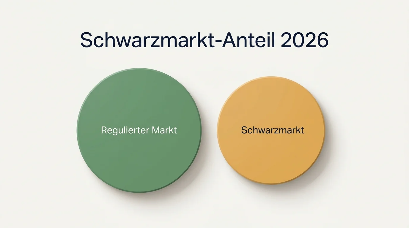 Abstrakte Darstellung des Schwarzmarktanteils im deutschen Online-Glücksspiel mit zwei Kreisflächen unterschiedlicher Größe