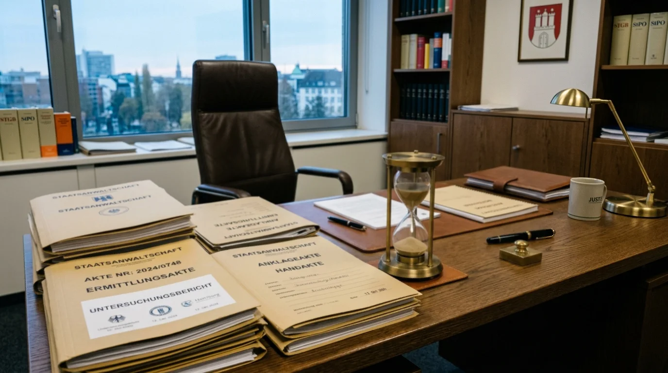 Abstrakte Darstellung eines Schreibtisches mit gestapelten Aktenordnern und einer Sanduhr als Sinnbild für die selektive Verfolgungspraxis der Staatsanwaltschaften