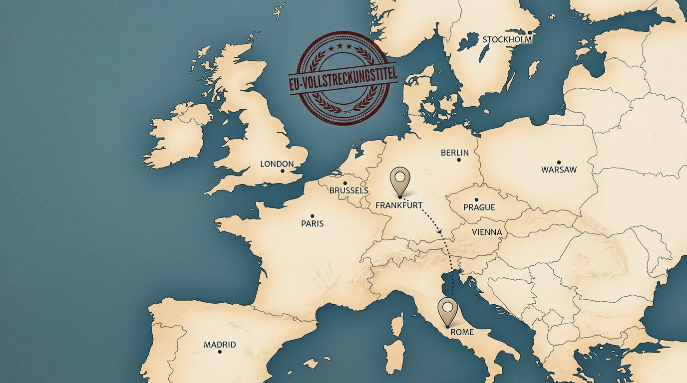 Stilisierte Karte Europas mit zwei verbundenen Standortpunkten und einem darüberliegenden Vollstreckungs-Schriftzug-Symbol als Visualisierung der grenzueberschreitenden Anspruchsdurchsetzung