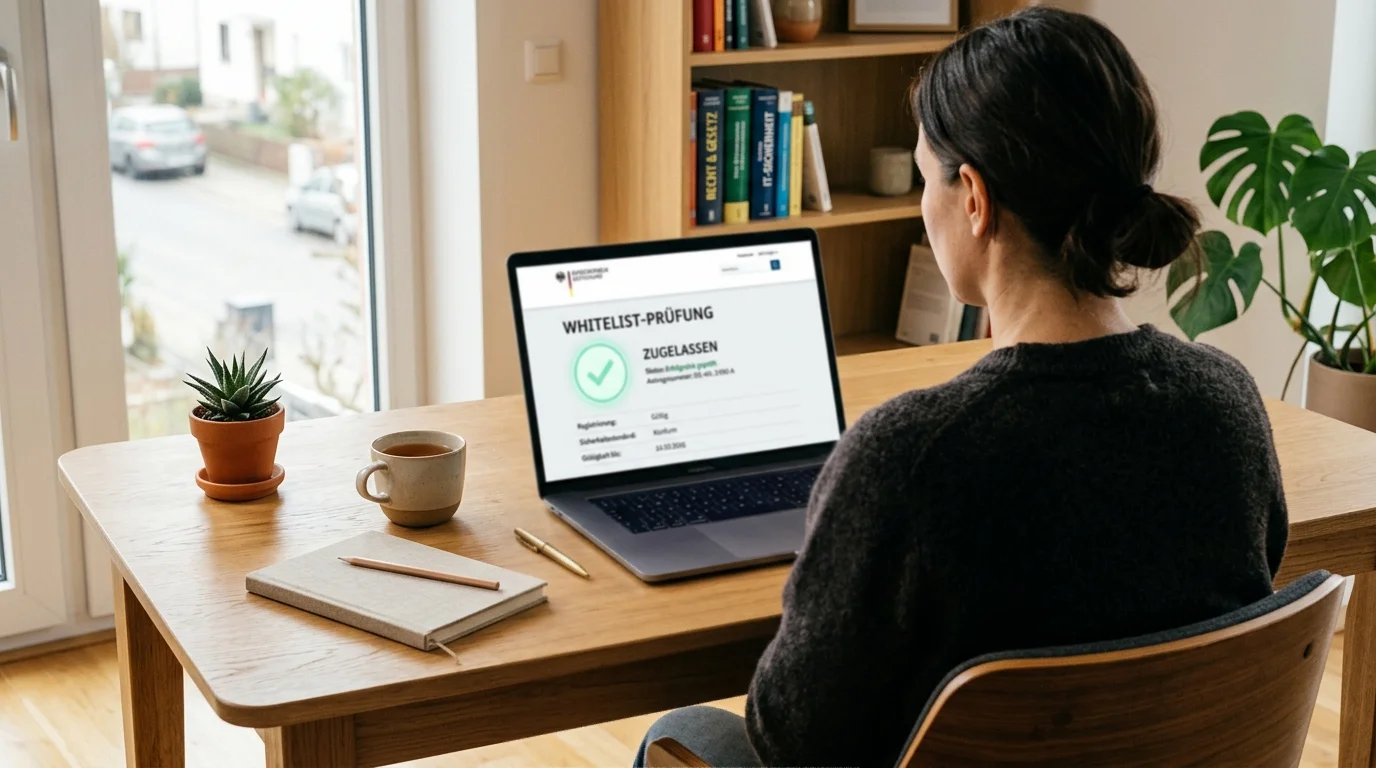 Mensch am Laptop prüft eine offizielle Whitelist auf einer behördlichen Webseite mit grünem Häkchen als Symbol für die Erlaubnislage